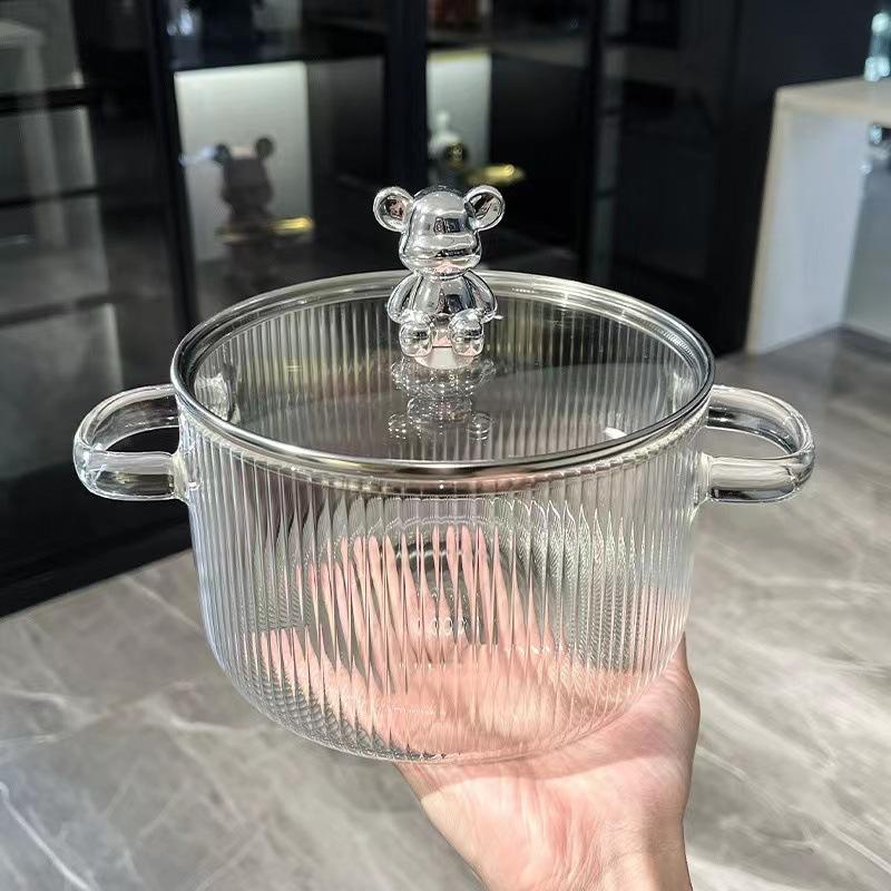 Cute Bear Borosilicate Glass Cooking Pot with Lid – 1600ml Clear Casserole for Stove & Microwave