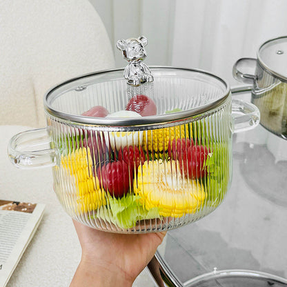 Cute Bear Borosilicate Glass Cooking Pot with Lid – 1600ml Clear Casserole for Stove & Microwave