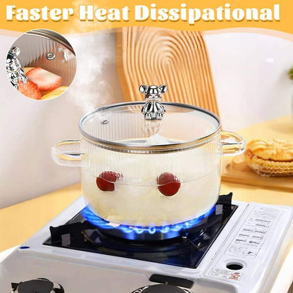 Cute Bear Borosilicate Glass Cooking Pot with Lid – 1600ml Clear Casserole for Stove & Microwave