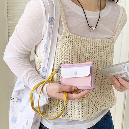 Macaron Pastel Mini Wallet – PU Leather Coin Purse & ID Card Holder with Lanyard
