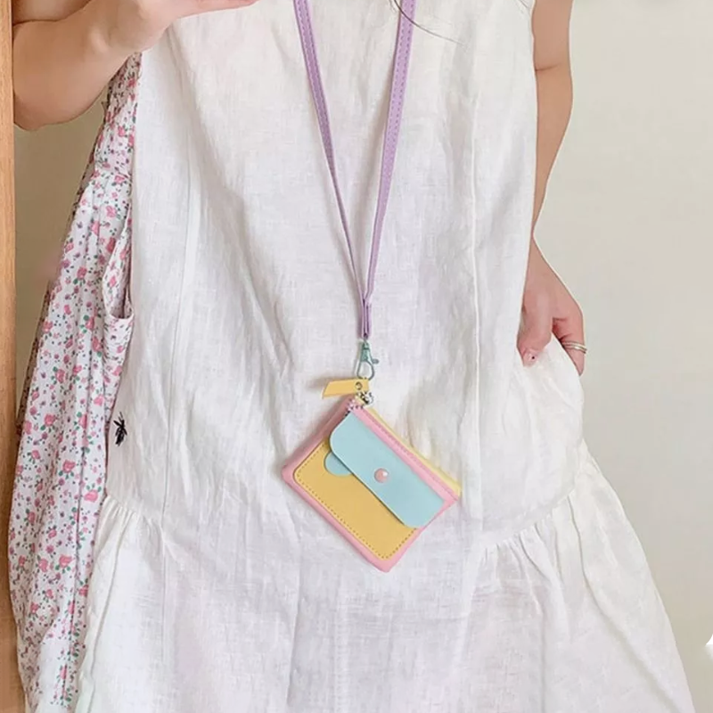 Macaron Pastel Mini Wallet – PU Leather Coin Purse & ID Card Holder with Lanyard
