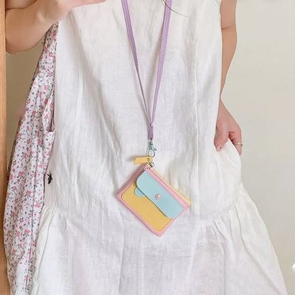 Macaron Pastel Mini Wallet – PU Leather Coin Purse & ID Card Holder with Lanyard