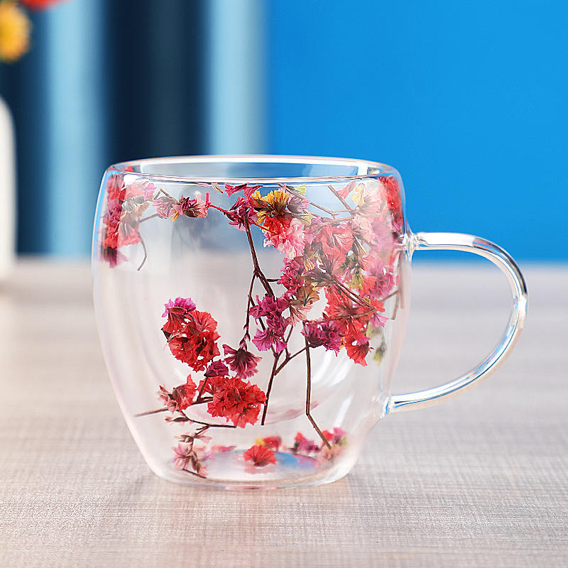 Dried Flower Aesthetic Coffee Cup with Insulated Handle | 200ml Double Wall Floral Glass Mug