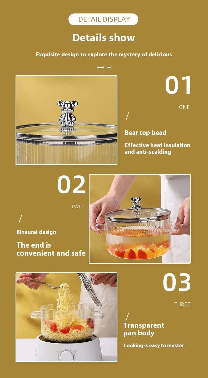 Cute Bear Borosilicate Glass Cooking Pot with Lid – 1600ml Clear Casserole for Stove & Microwave