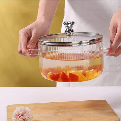 Cute Bear Borosilicate Glass Cooking Pot with Lid – 1600ml Clear Casserole for Stove & Microwave