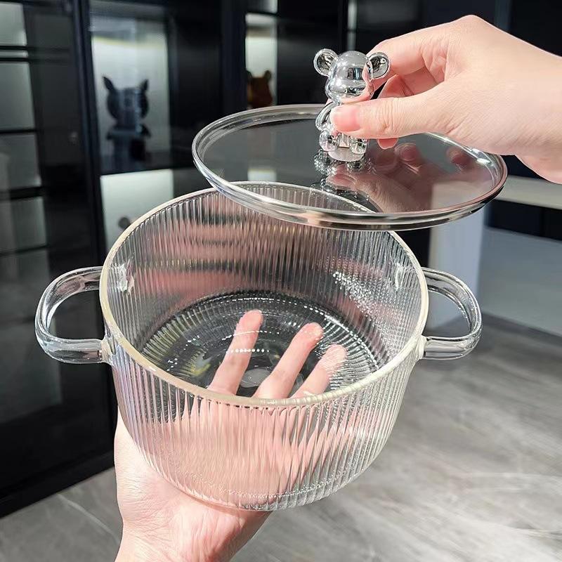 Cute Bear Borosilicate Glass Cooking Pot with Lid – 1600ml Clear Casserole for Stove & Microwave