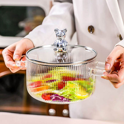 Cute Bear Borosilicate Glass Cooking Pot with Lid – 1600ml Clear Casserole for Stove & Microwave