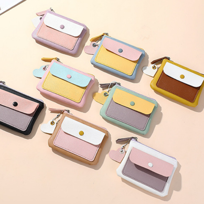 Macaron Pastel Mini Wallet – PU Leather Coin Purse & ID Card Holder with Lanyard