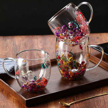 Dried Flower Aesthetic Coffee Cup with Insulated Handle | 200ml Double Wall Floral Glass Mug