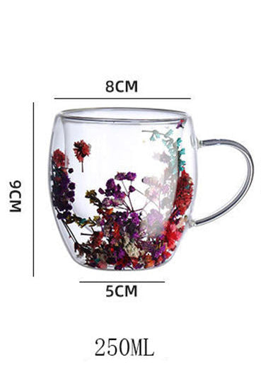 Dried Flower Aesthetic Coffee Cup with Insulated Handle | 200ml Double Wall Floral Glass Mug