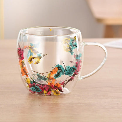 Dried Flower Aesthetic Coffee Cup with Insulated Handle | 200ml Double Wall Floral Glass Mug