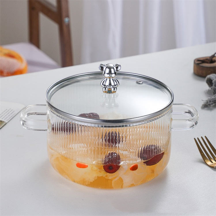 Cute Bear Borosilicate Glass Cooking Pot with Lid – 1600ml Clear Casserole for Stove & Microwave