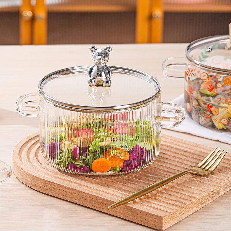 Cute Bear Borosilicate Glass Cooking Pot with Lid – 1600ml Clear Casserole for Stove & Microwave