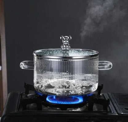 Cute Bear Borosilicate Glass Cooking Pot with Lid – 1600ml Clear Casserole for Stove & Microwave