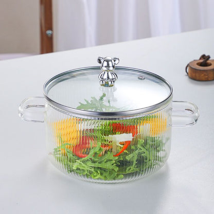 Cute Bear Borosilicate Glass Cooking Pot with Lid – 1600ml Clear Casserole for Stove & Microwave