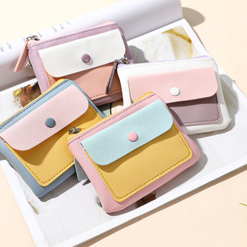 Macaron Pastel Mini Wallet – PU Leather Coin Purse & ID Card Holder with Lanyard