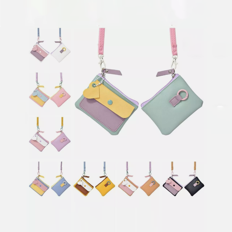 Macaron Pastel Mini Wallet – PU Leather Coin Purse & ID Card Holder with Lanyard