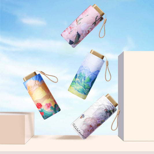 Pink Peonies Oil Painting effect 6 fold manual umbrella with pouch | For Rains & sunny day | UV protection