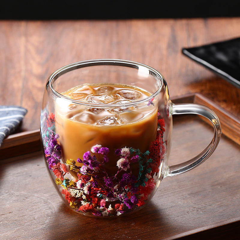 Dried Flower Aesthetic Coffee Cup with Insulated Handle | 200ml Double Wall Floral Glass Mug