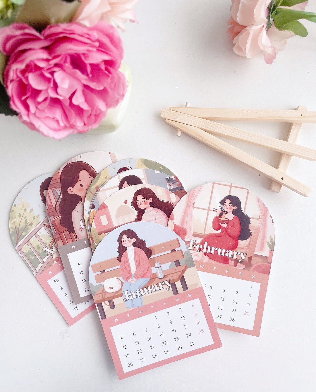 Soft Living 2026 Desk Calendar Cards with Wooden Easel Stand