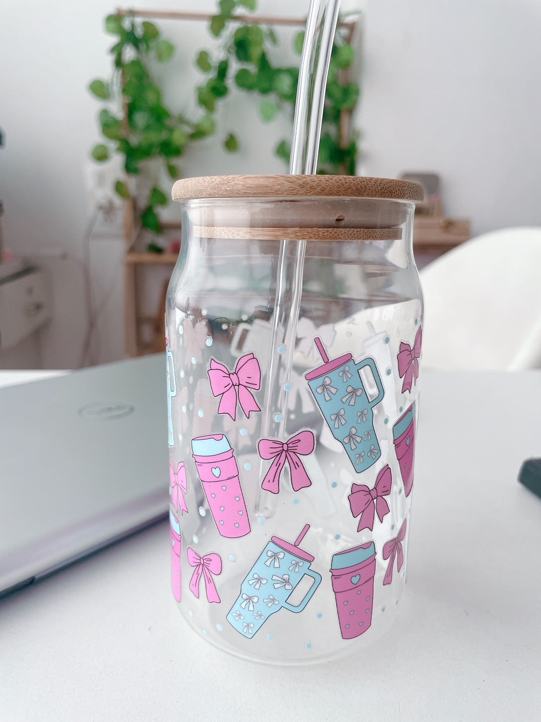 Sips & Whispers Glass Can Tumbler with bamboo lid & glass straw | 540 ml