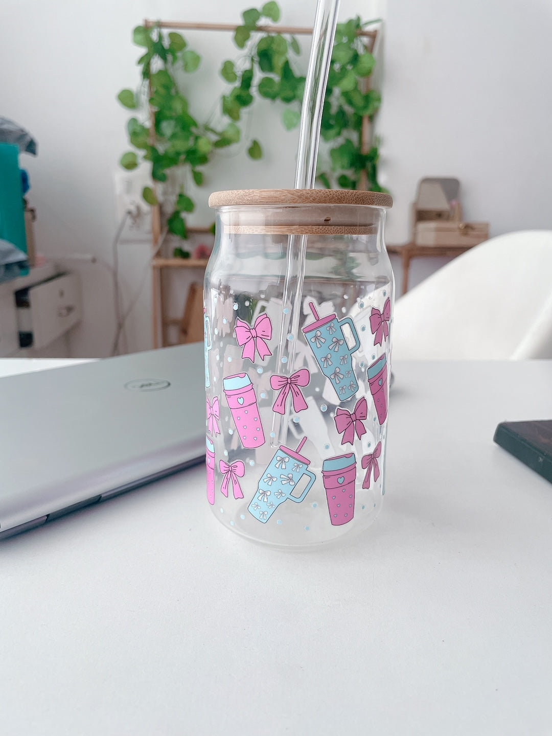 Sips & Whispers Glass Can Tumbler with bamboo lid & glass straw | 540 ml
