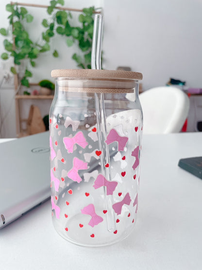 Bows & Bubbles Glass Can Tumbler with bamboo lid & glass straw | 540 ml