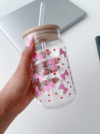 Bows & Bubbles Glass Can Tumbler with bamboo lid & glass straw | 540 ml