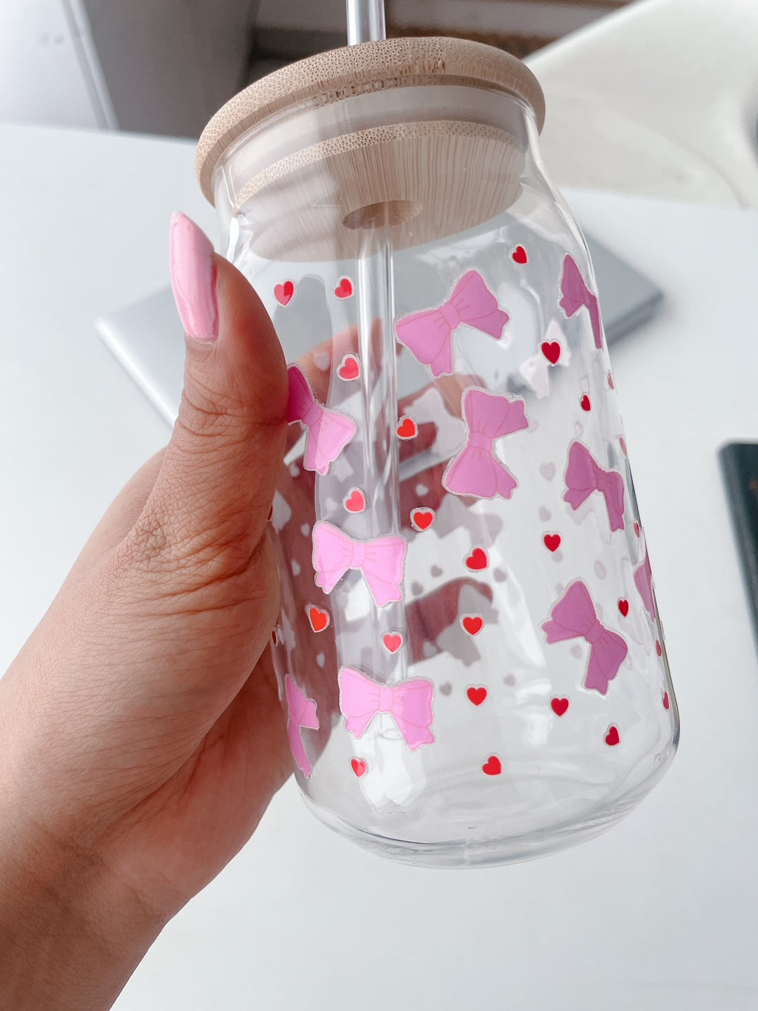 Bows & Bubbles Glass Can Tumbler with bamboo lid & glass straw | 540 ml