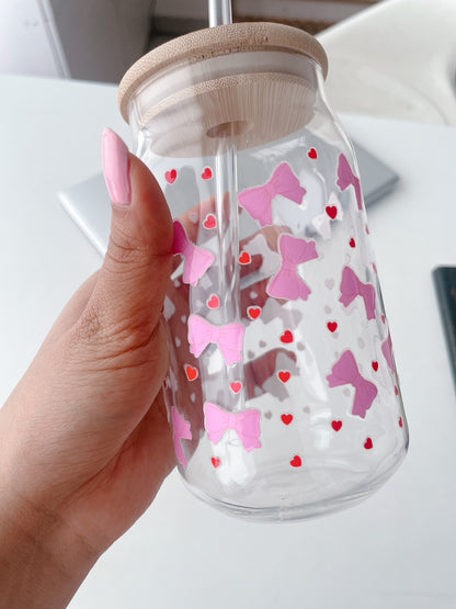 Bows & Bubbles Glass Can Tumbler with bamboo lid & glass straw | 540 ml