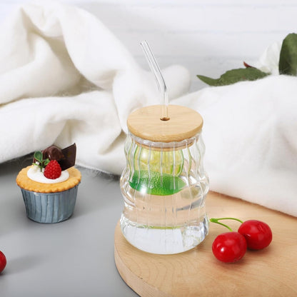 Vintage Ripple Ribbed Glass with lid and straw| 510 ML