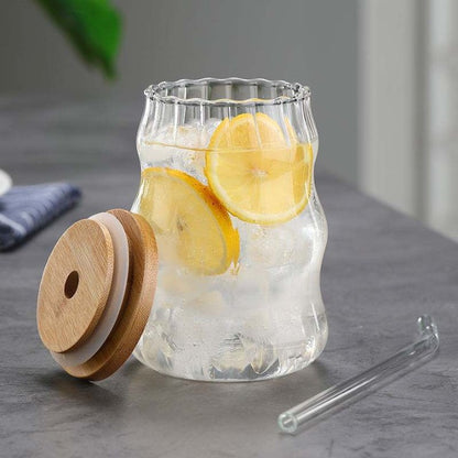 Vintage Ripple Ribbed Glass with lid and straw| 510 ML