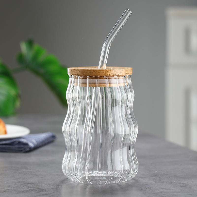 Vintage Ripple Ribbed Glass with lid and straw| 510 ML