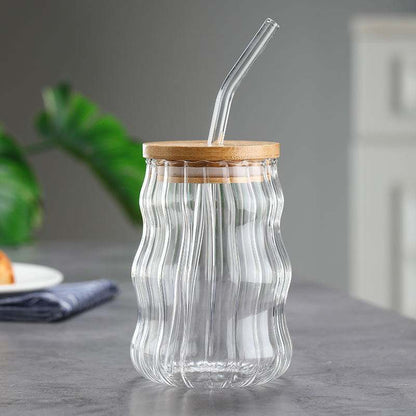 Vintage Ripple Ribbed Glass with lid and straw| 510 ML
