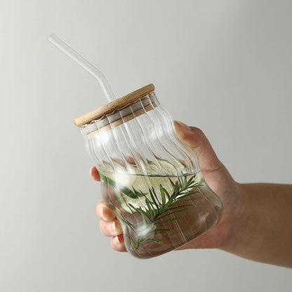 Vintage Ripple Ribbed Glass with lid and straw| 510 ML