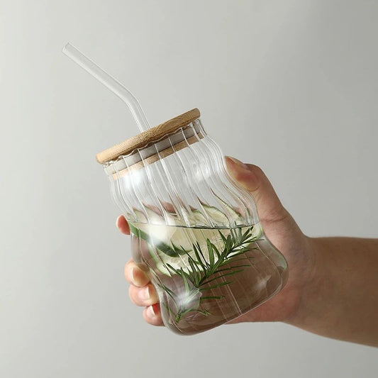Vintage Ripple Ribbed Glass with lid and straw| 510 ML