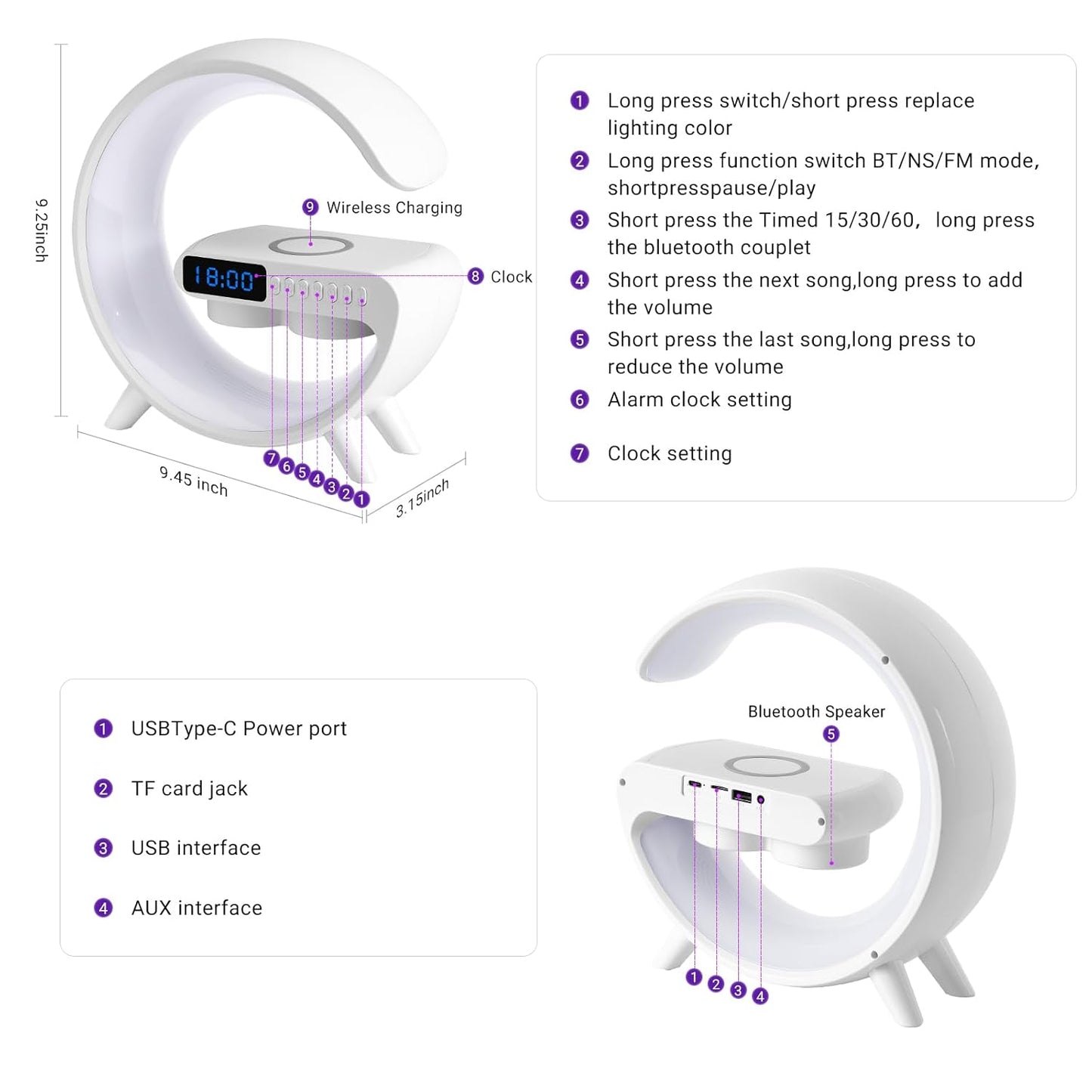 Aura Charge Wireless Charging Atmospheric Lamp with Bluetooth Speaker Alarm Clock Night Light 15W Wireless Charger Speaker - Supple Room