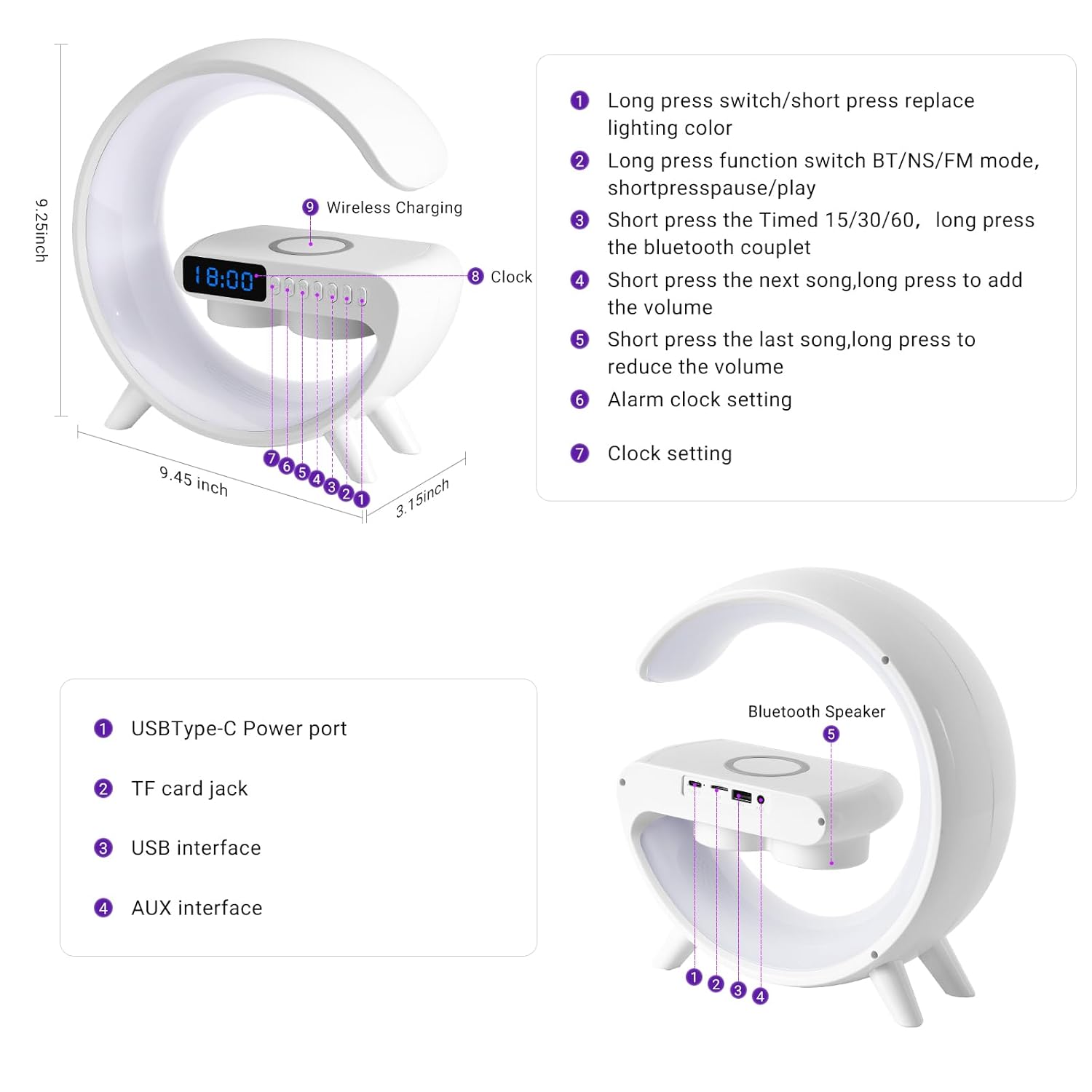 Aura Charge Wireless Charging Atmospheric Lamp with Bluetooth Speaker Alarm Clock Night Light 15W Wireless Charger Speaker - Supple Room