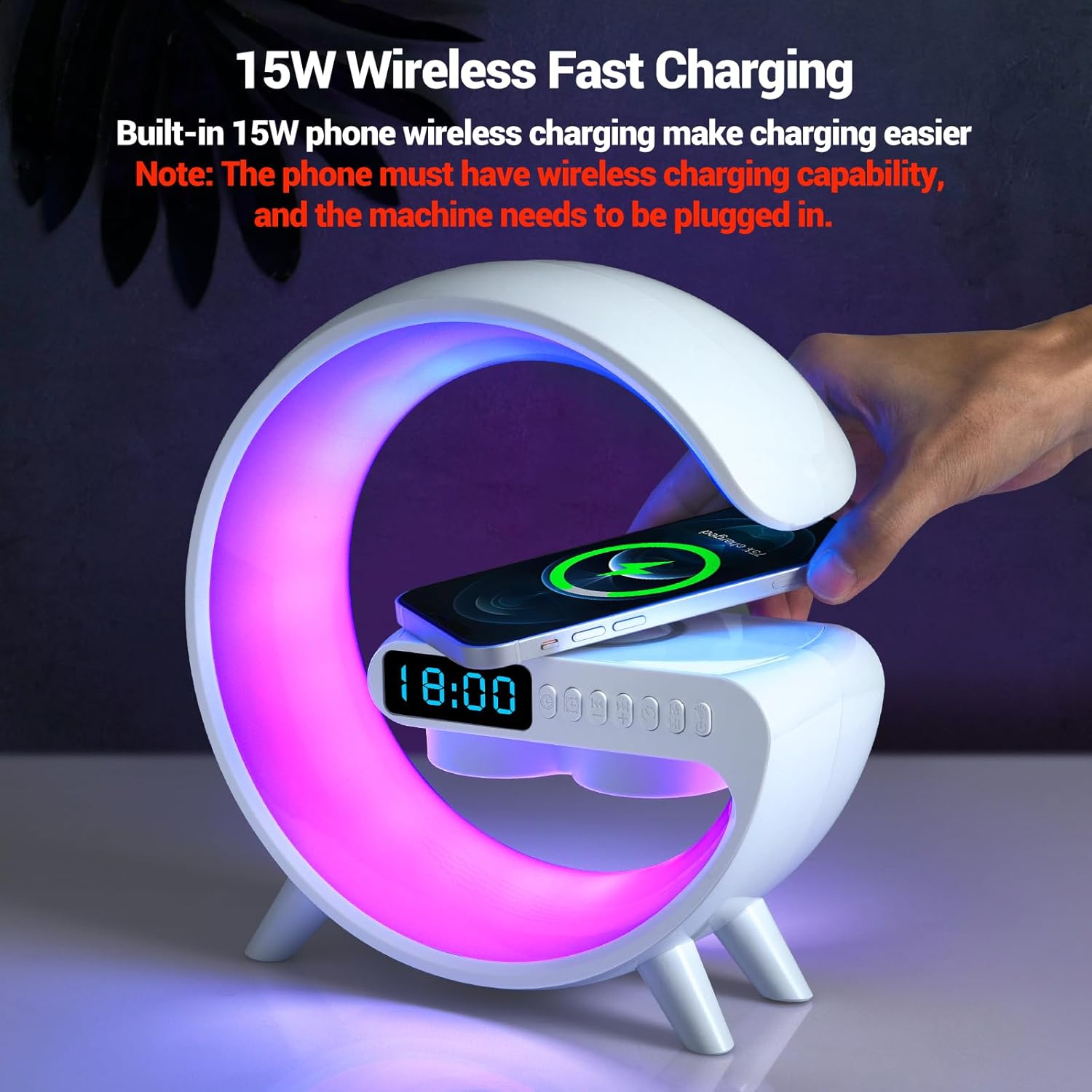 Aura Charge Wireless Charging Atmospheric Lamp with Bluetooth Speaker Alarm Clock Night Light 15W Wireless Charger Speaker - Supple Room