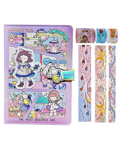 Princess Diary Set ( 1 Diary With Magnetic Buckle & 3 Pcs Washi Tapes )