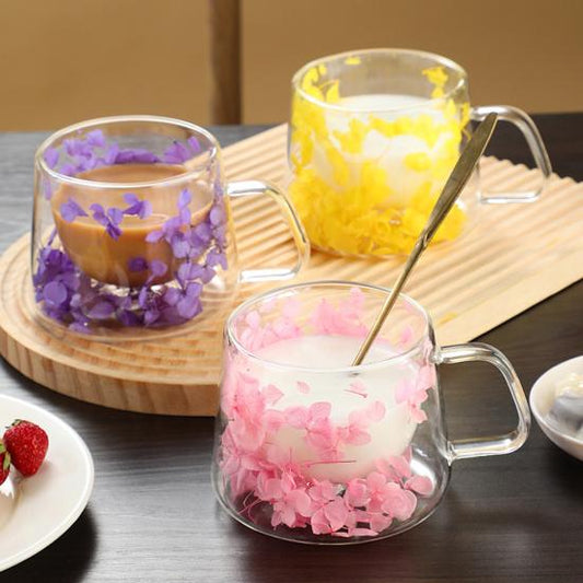 Real Dried Flower Aesthetic Coffee Cup with Insulated Handle | 200ml Double Wall Floral Glass Mug