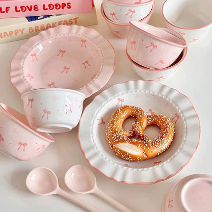 Sweet Bow Ceramic Tableware Set - Combo of 2 Plates, 2 Bowls & 2 Spoons 🌸