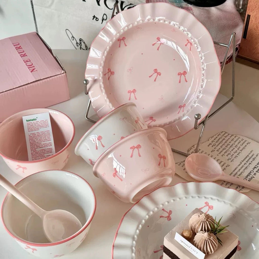 Sweet Bow Ceramic Tableware Set - Combo of 2 Plates, 2 Bowls & 2 Spoons 🌸