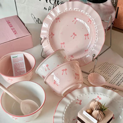 Sweet Bow Ceramic Tableware Set - Combo of 2 Plates, 2 Bowls & 2 Spoons 🌸