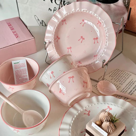 Sweet Bow Ceramic Tableware Set - Combo of 2 Plates, 2 Bowls & 2 Spoons 🌸