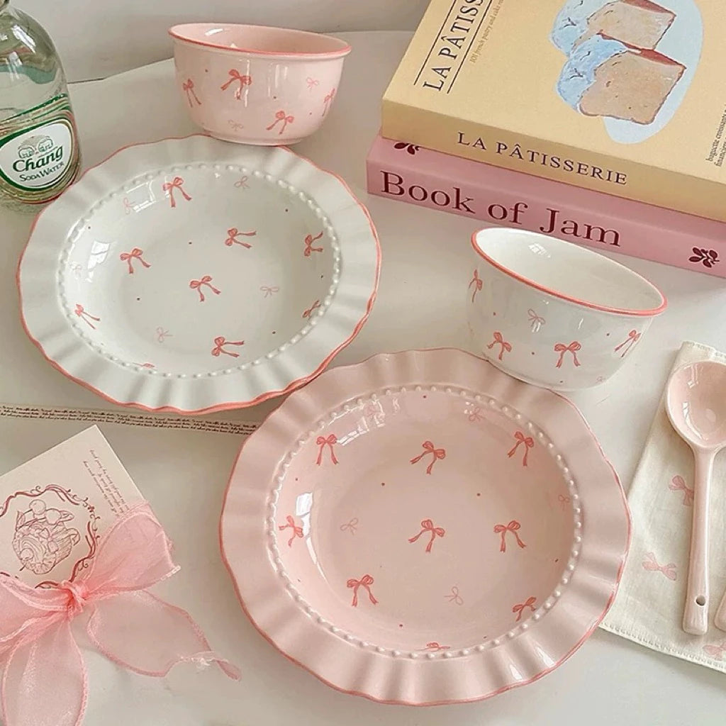 Sweet Bow Ceramic Tableware Set - Combo of 2 Plates, 2 Bowls & 2 Spoons 🌸
