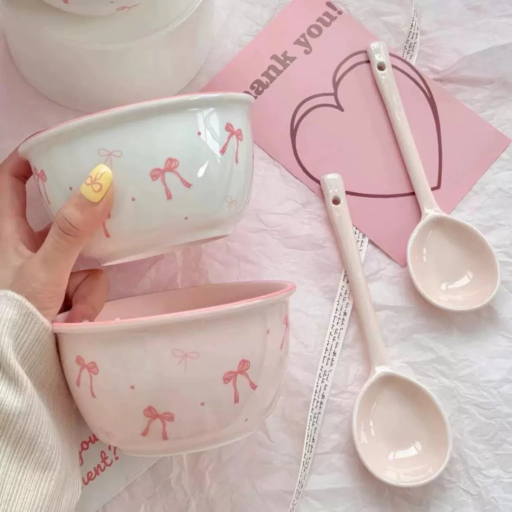 Sweet Bow Ceramic Tableware Set - Combo of 2 Plates, 2 Bowls & 2 Spoons 🌸