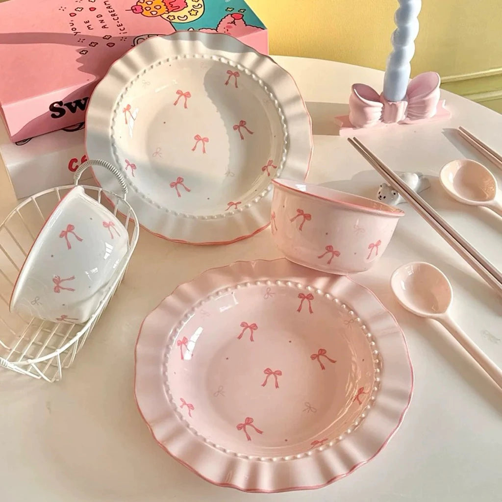 Sweet Bow Ceramic Tableware Set - Combo of 2 Plates, 2 Bowls & 2 Spoons 🌸