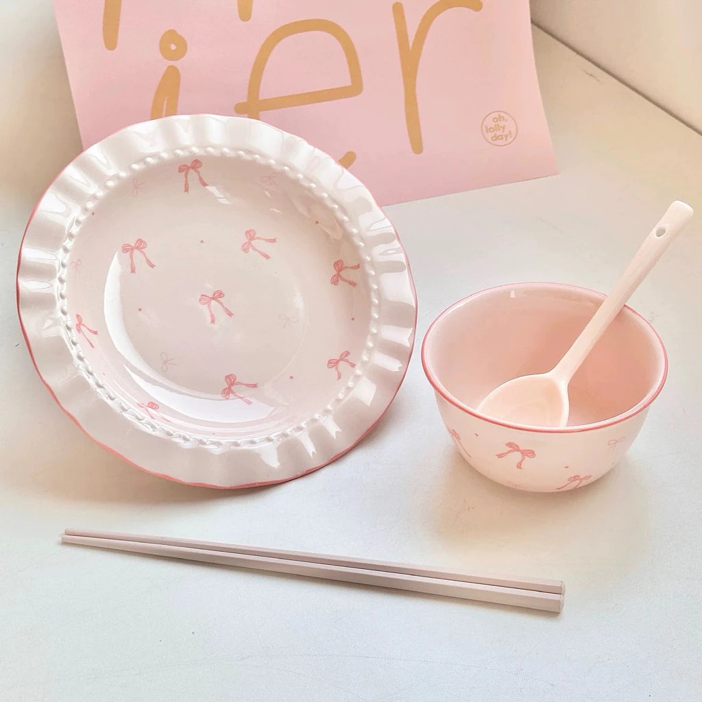 Sweet Bow Ceramic Tableware Set - Combo of 2 Plates, 2 Bowls & 2 Spoons 🌸