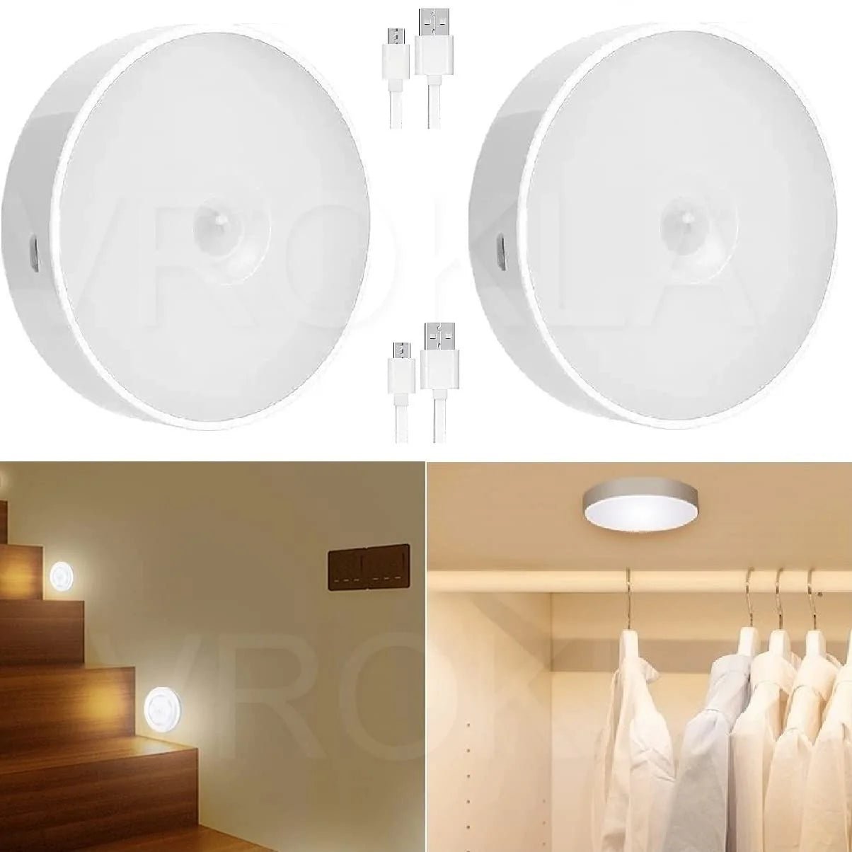 Wireless Self Adhesive LED Motion Activated Sensor Rechargeable Light for Wardrobe Bedroom Stairs (White/Warm) - Supple Room